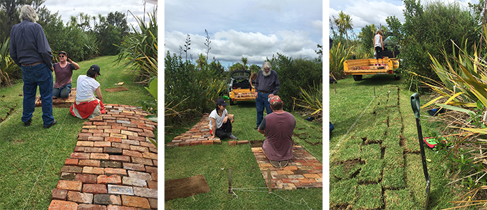 Installation was a mammoth task, involving cutting a hole and removing all turf (to be lovingly nurtured at home and replaced at a later date), and then individually laying the bricks in a pattern that showed a wide range of colour, styles, and historic references. Huge thanks to my art-slave, Ronnie, and volunteer assistants Vivian and Eddie.